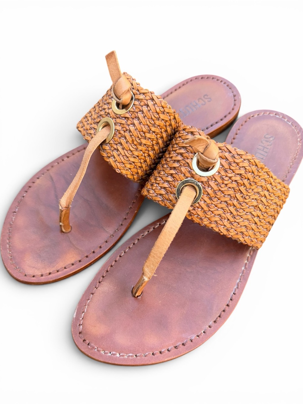 Schutz Woven Leather Thong Sandals Brown Brazil Size 8.5 Boho Resort